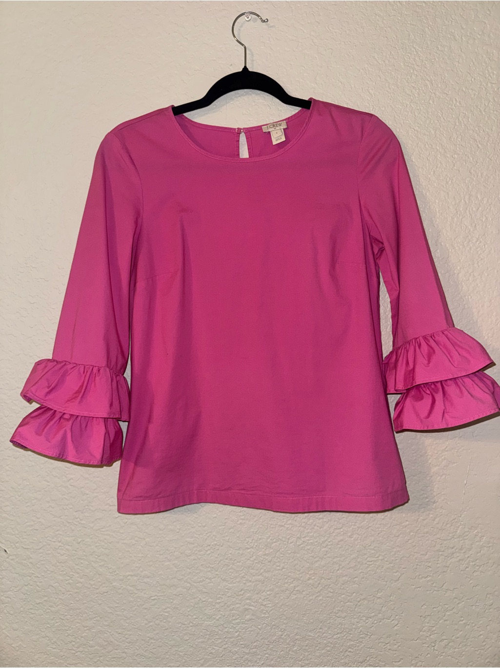 J Crew .. Women's Pink Ruffle-Sleeve Top - Classic Crew Neck Sz-0